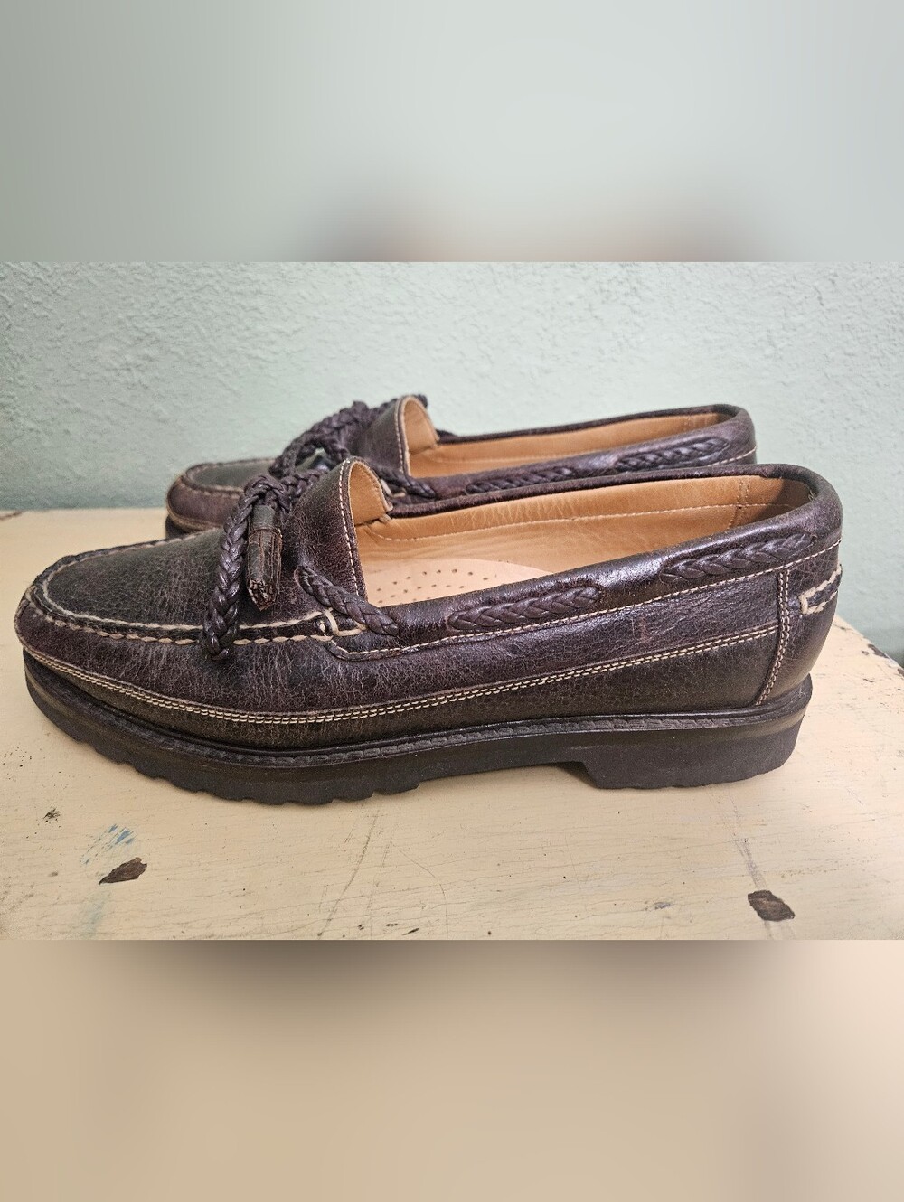 Orvis Dark Brown Leather Braided Lace Moccasin Slip-Ons